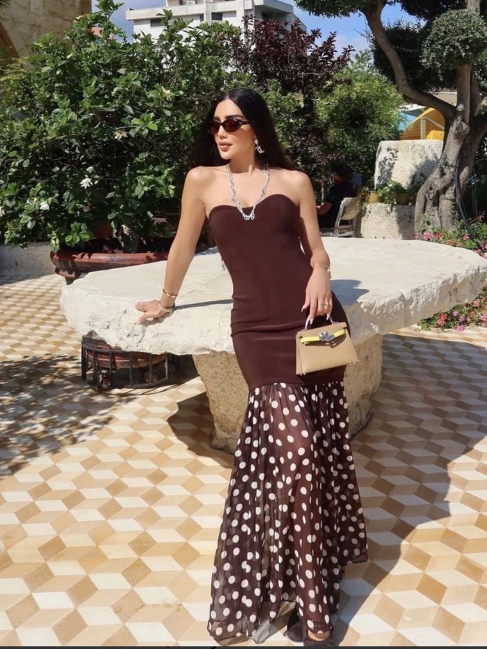 Zara Strapless Brown Polka Dot Maxi Dress